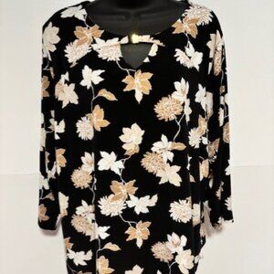 Liz Claiborne Black Brown Floral 0X Blouse Gold Keyhole 3/4 Sleeve Cottagecore